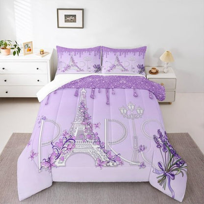 Castle Fairy Paris Comforter Set Twin Size,Eiffel Tower Bedding Set 2pcs for Kids Teens Girls Women Room Decor,Purple White Gradient Glitter Quilt Set Modern Romantic French Duvet Insert,1 Pillowcase