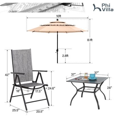 PHI VILLA Outdoor Patio Dining Set with 10ft Umbrella for 4, Outdoor Table Chairs Set with Adjustable Folding Patio Chair for Garden