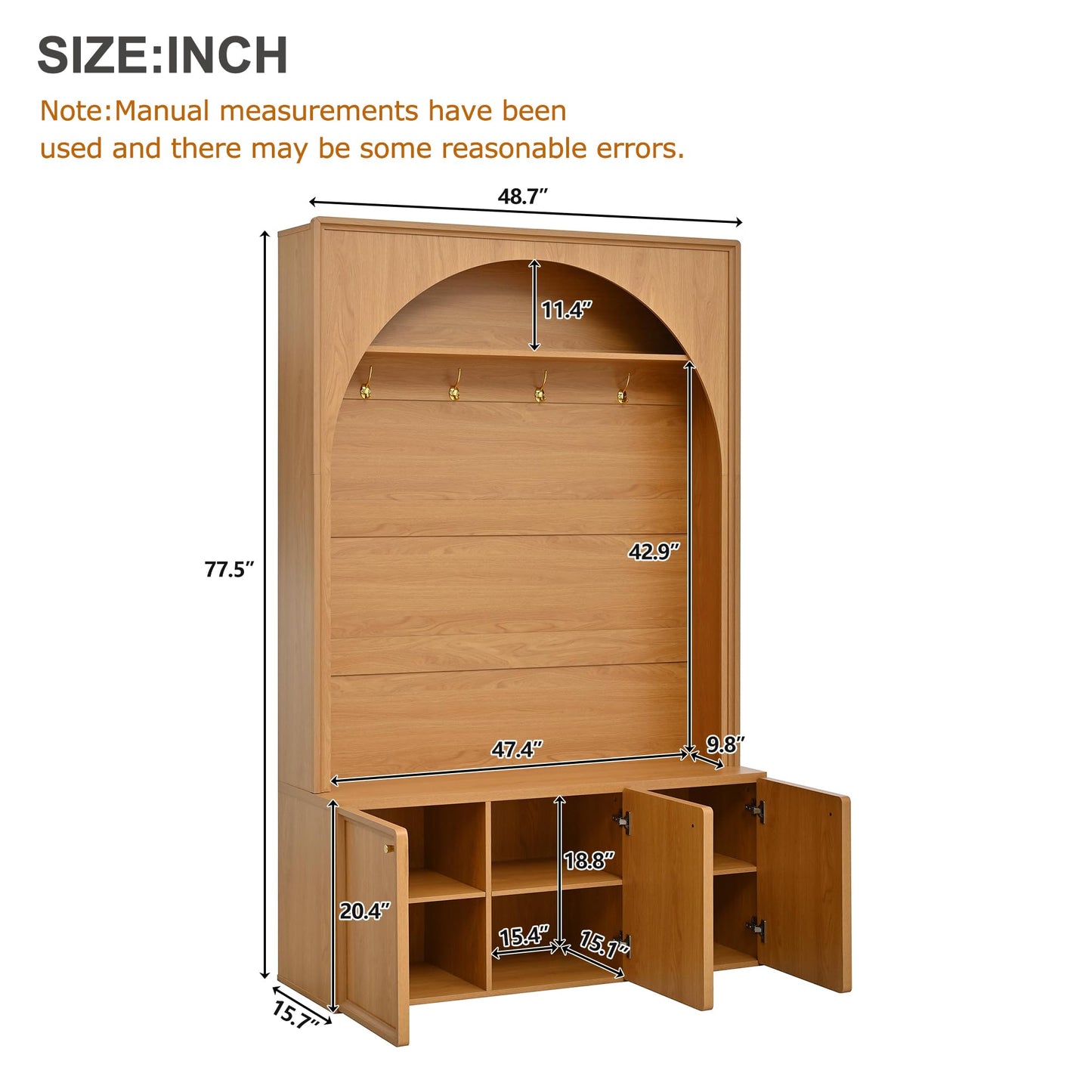 Ball & Cast Farmhouse Hall Tree with Storage Bench, 48.7" Arched Entryway Coat Rack Organizer with 4 Metal Hooks, 3 Cabinets, Adjustable Shelves, Wooden Mudroom Bench for Hallway, Natural