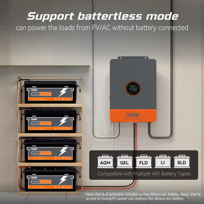 PowMr Solar Inverter 5000W 48Vdc to 110Vac, 5200W Split-Phase Solar Inverter Built-in 100A MPPT Controller | Max.PV Input 6KW 500VOC | Support 6 Units Parallel and Batteryless Run