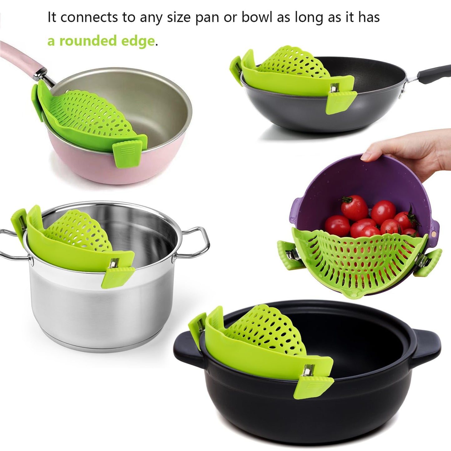 3 Pcs Silicone Clip-on Food Strainer Pasta Strainer for All Pots and Pans, Kitchen Colander for Noodle, Vegetables, Meat, Fruit, Spaghetti