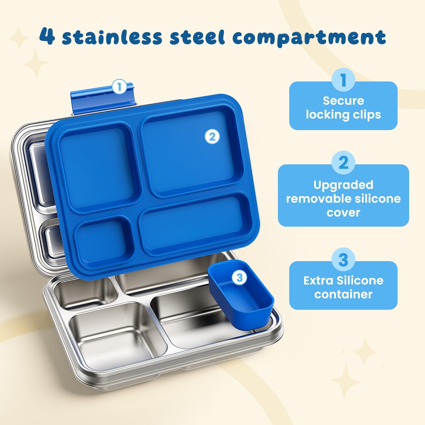 FAJSL Stainless Steel Bento Box, 4-Compartment Metal Lunch Box with Removable Silicone, Lunch Container for Kids & Adults with Silicone Inner Container, School, Office, Dishwasher Safe(Blue)