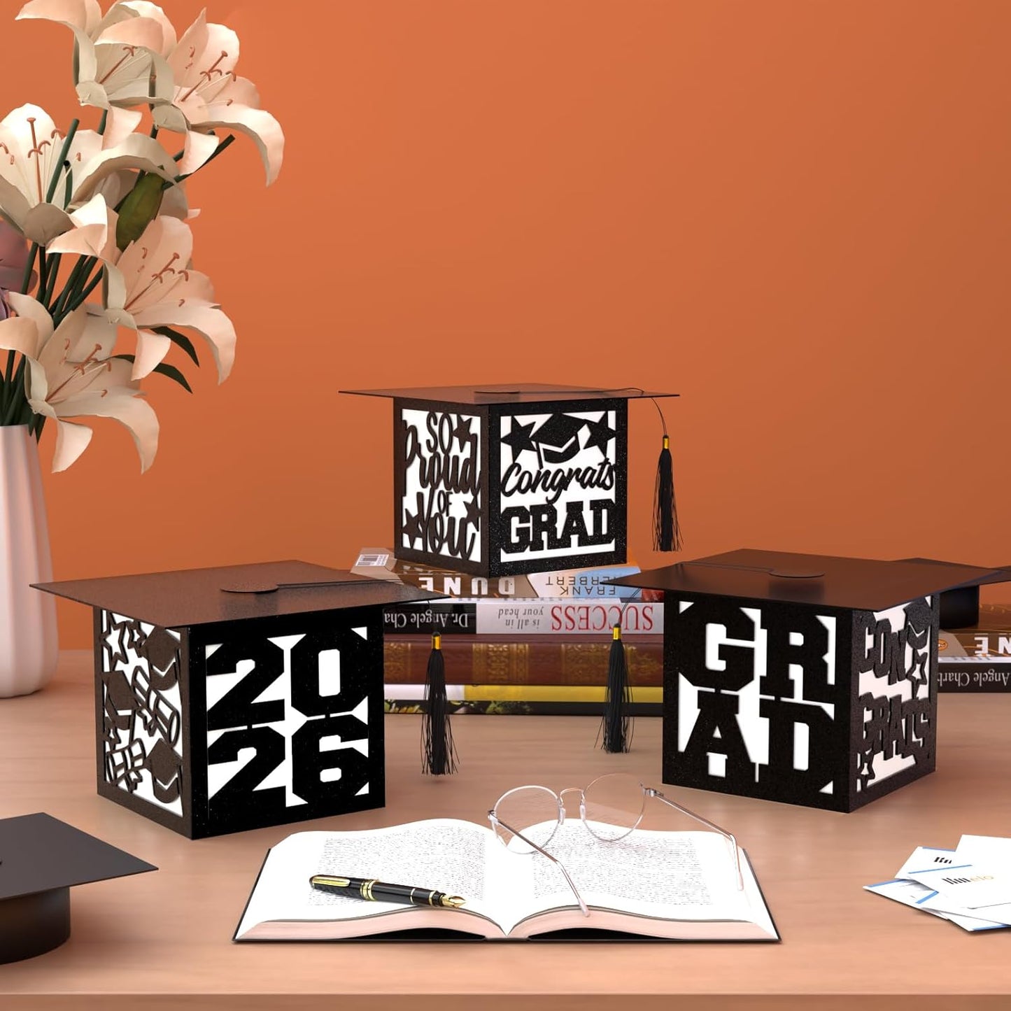 12 2026 Pcs Graduation Table Centerpieces Boxes Class of Black Square Graduation Paper Lanterns with String Lights