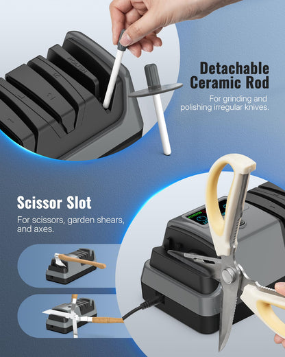 WILAWELS Electric Knife Sharpener, 5-in-1, 3 Rotational Speed Adjustable Electric Knife Sharpener for Straight/Serrated/Ceramic Knives, Scissors, Chef Knives, Axes, Grey H01KS06