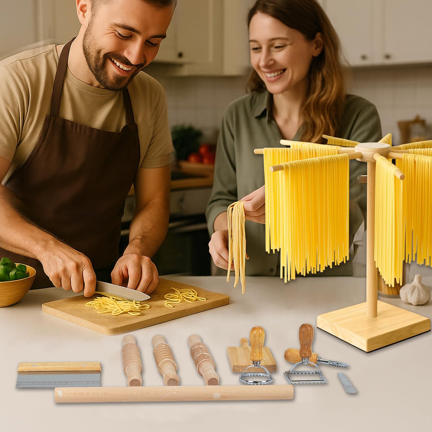 3 Size Pasta Making Tools, 11Pcs Wooden Pasta Making Kit with 3 Size Threaded Rolling Pins, Long Rolling Pin, Rotatable Pasta Drying Rack, Gnocchi Board, Dough Cutter, Wheel Cutter, 2 Stamps
