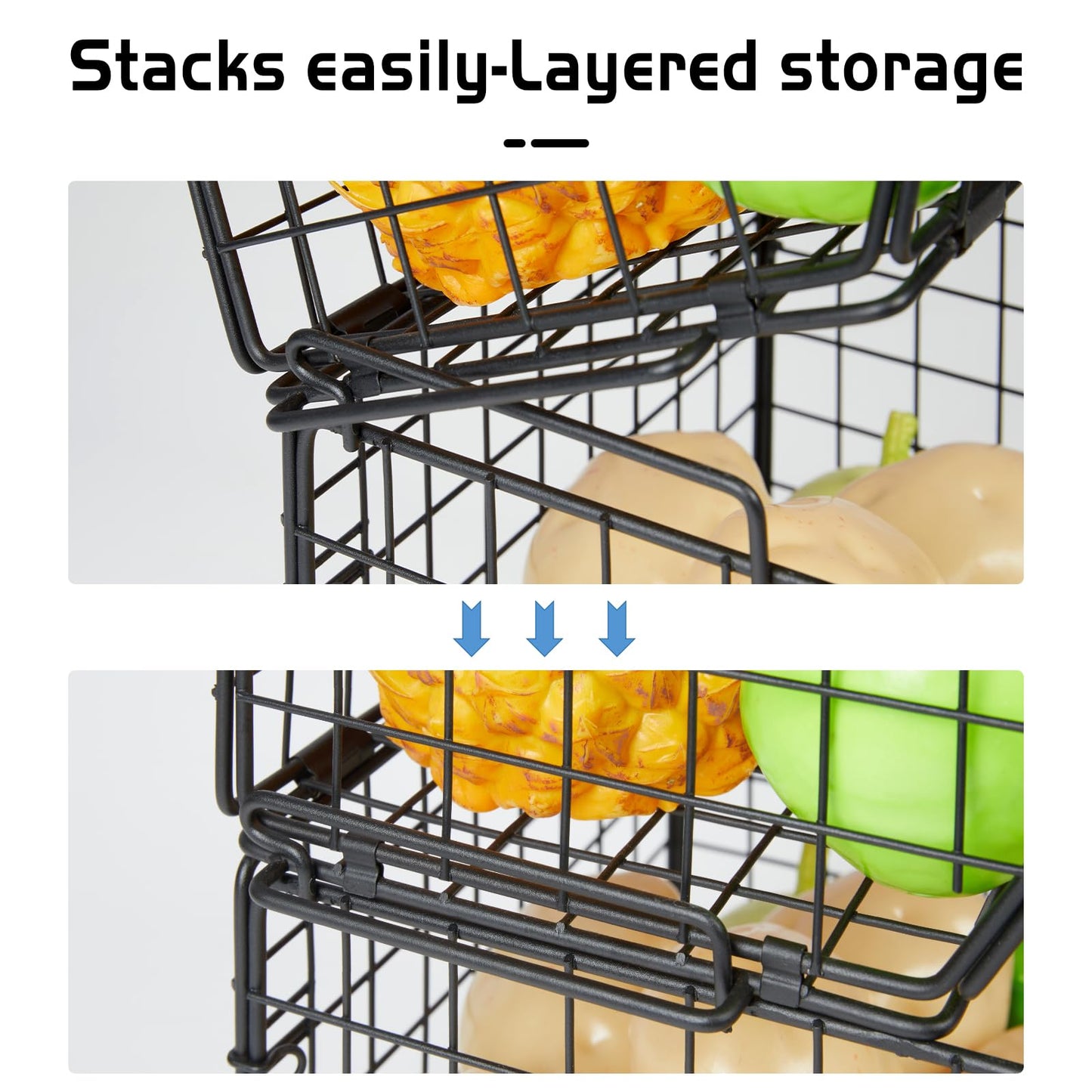 X-cosrack Stackable Wire Baskets for Counter, Fruit and Vegetable Storage, Potato and Onion Storage Bin，Kitchen Pantry Organizer - Wall Basket for Produce/Snack/Can, 3-tier Large, Black