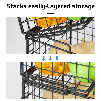X-cosrack Stackable Wire Baskets for Counter, Fruit and Vegetable Storage, Potato and Onion Storage Bin，Kitchen Pantry Organizer - Wall Basket for Produce/Snack/Can, 3-tier Large, Black