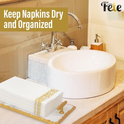 Guest Towel Holder Tray for Bathroom - Premium Marble Tray with Gold Rim - Bathroom Hand Towel Tray, The Perfect Vanity Tray for Bathroom. Ideal Valentines Day Gift.