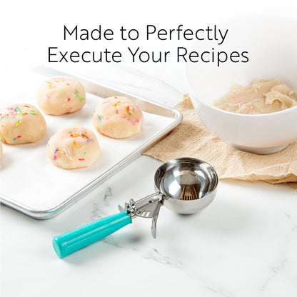 Restaurantware Met Lux 8 Ounce Portion Scoop 1 Durable Disher Scoop - Thumb Trigger Orange Stainless Steel Ice cream Disher For Portion Control For Ice Cream Mashed Potato And Cookie Batter