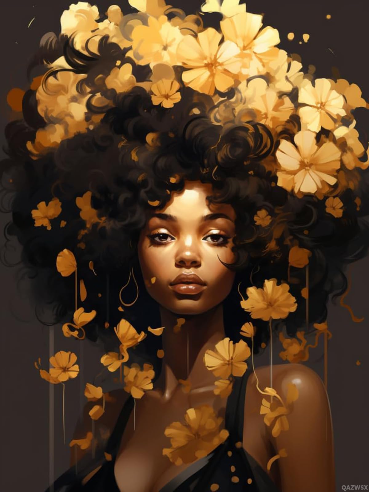 Christmas Gift Black Woman Gold Flowers 5D Full Round Drill Diamond Painting Kits by Number for Adults Beginner Diamond Painting Beads Art Crystal for New Year Valentine's Day Decor Gift 12x16 inch