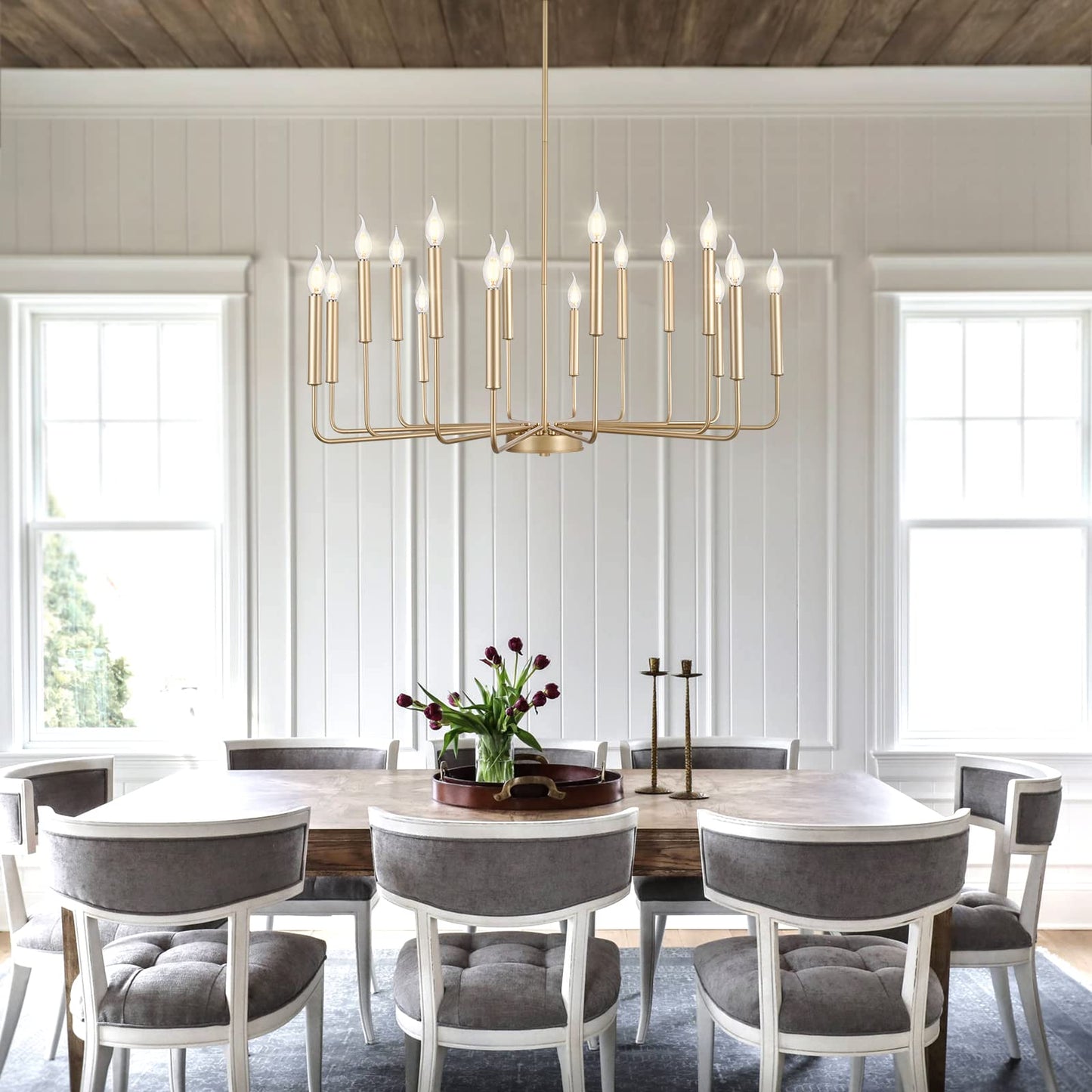 WOKNOS Modern Gold Farmhouse Chandeliers, 16-Light Industrial Metal Chandelier Lighting, Classic Candle Hanging Pendant Light Fixtures for Kitchen Island, Living Room, Dining Room, Stair