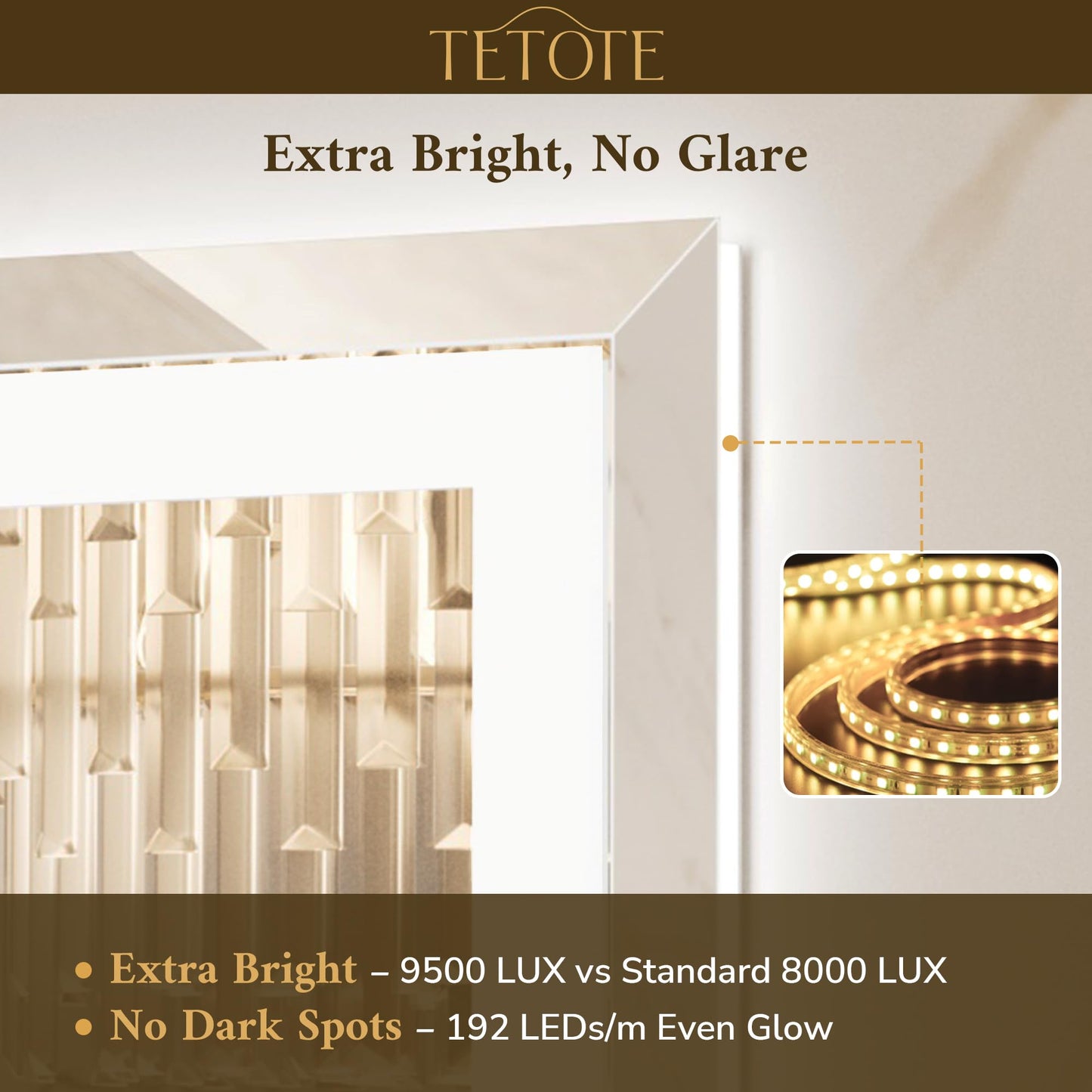 TETOTE 72 x 36 Inch Led Lighted Mirror for Bathroom Wall, Extra-Bright Beveled Bathroom Vanity Frontlit & Backlit Frameless Mirror with 3-Color Lights, Defogging, Tempered Glass, Waterproof