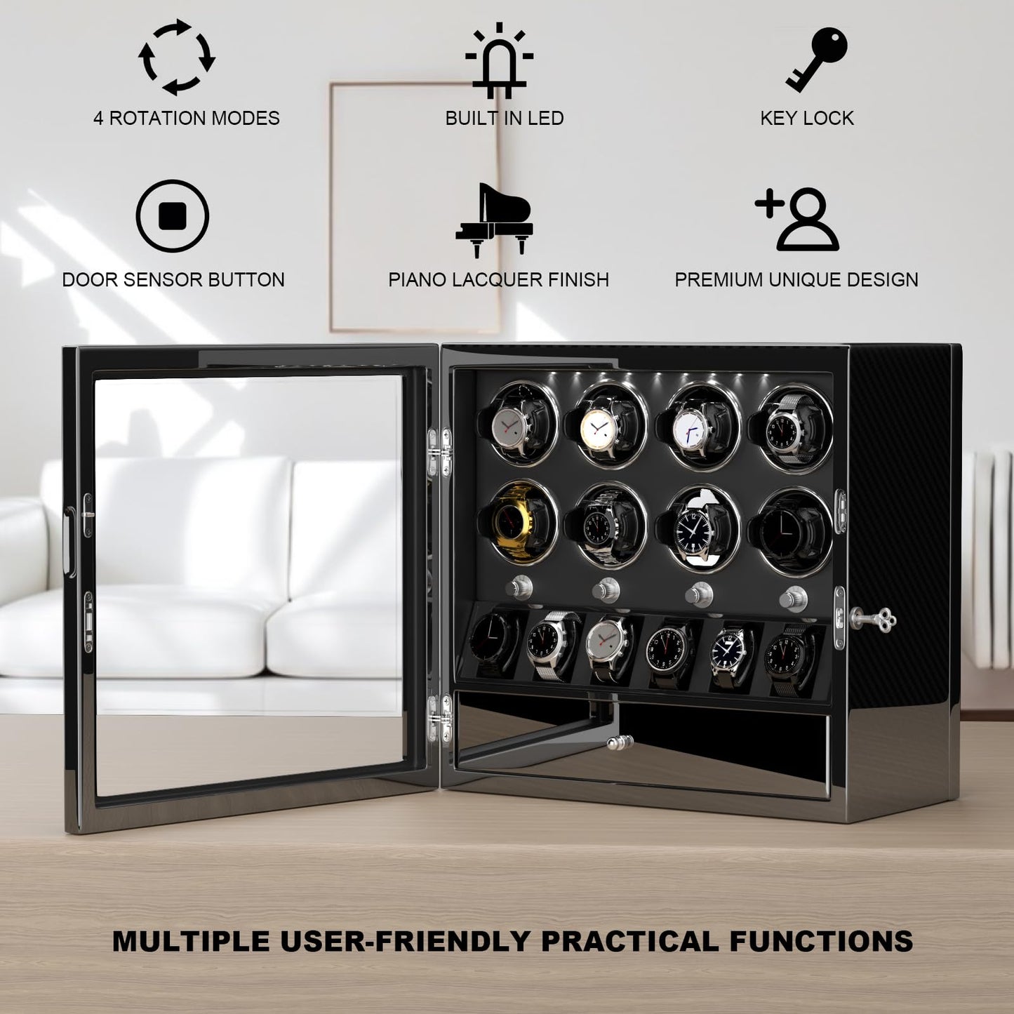 DUKWIN Watch Winder for 8 Automatic Watches, Lockable,6 Watch Storage Places and Jewelry Storage, Super Quiet Mabuchi Motor