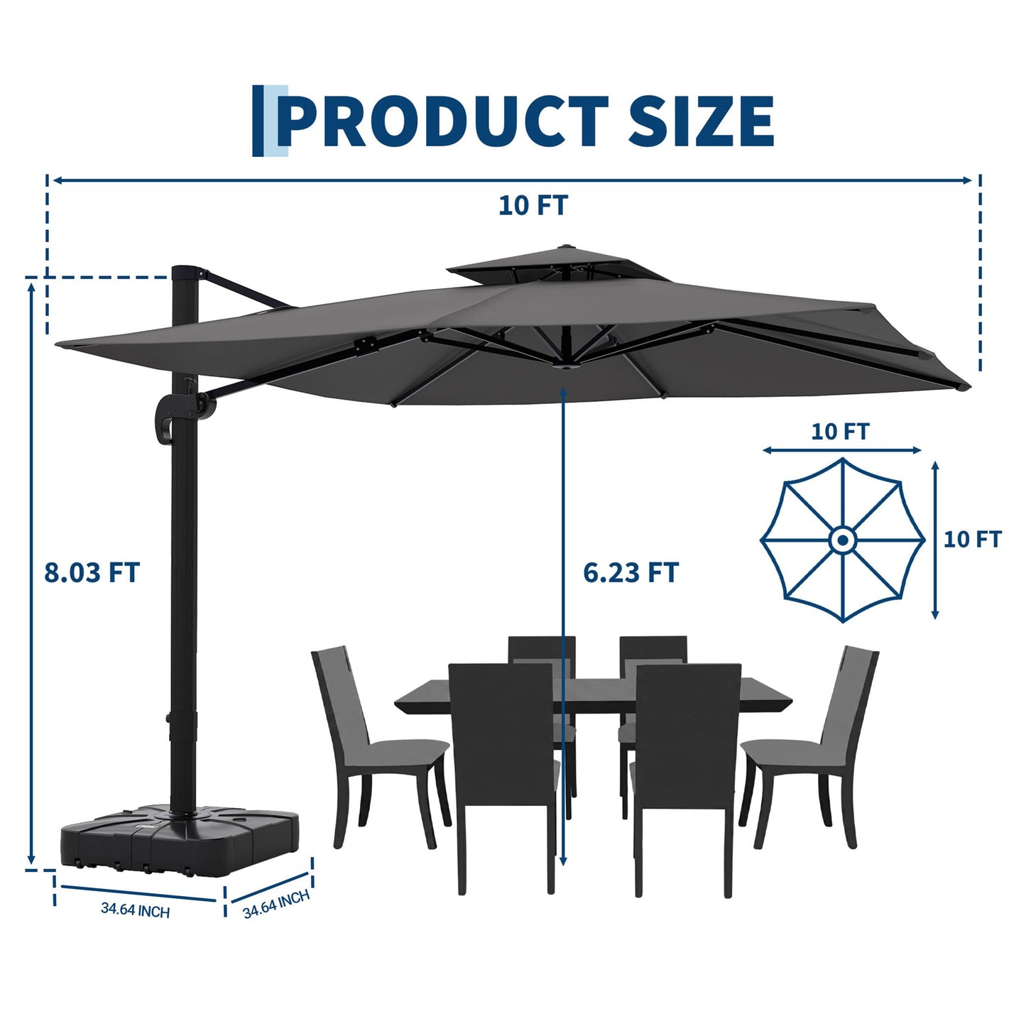 10x10 FT Square Outdoor Umbrella with Base, Cantilever Patio Umbrella with 360° Rotation & Adjustable Height, Heavy Duty Aluminum Umbrella Outdoor Patio for Garden Poolside,Grey