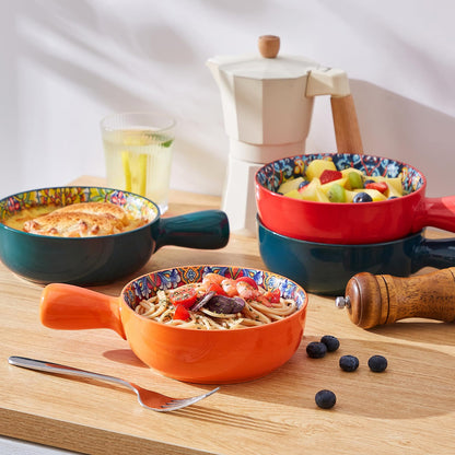 vancasso Soup Bowls with Handles, 23 Oz French Onion Soup Bowls Oven Safe, Bohemian Ceramic Soup Crocks for Cereal, Pasta, Beef Stew, Chilli, Microwave Dishwasher Safe-6.2 inch, Set of 4