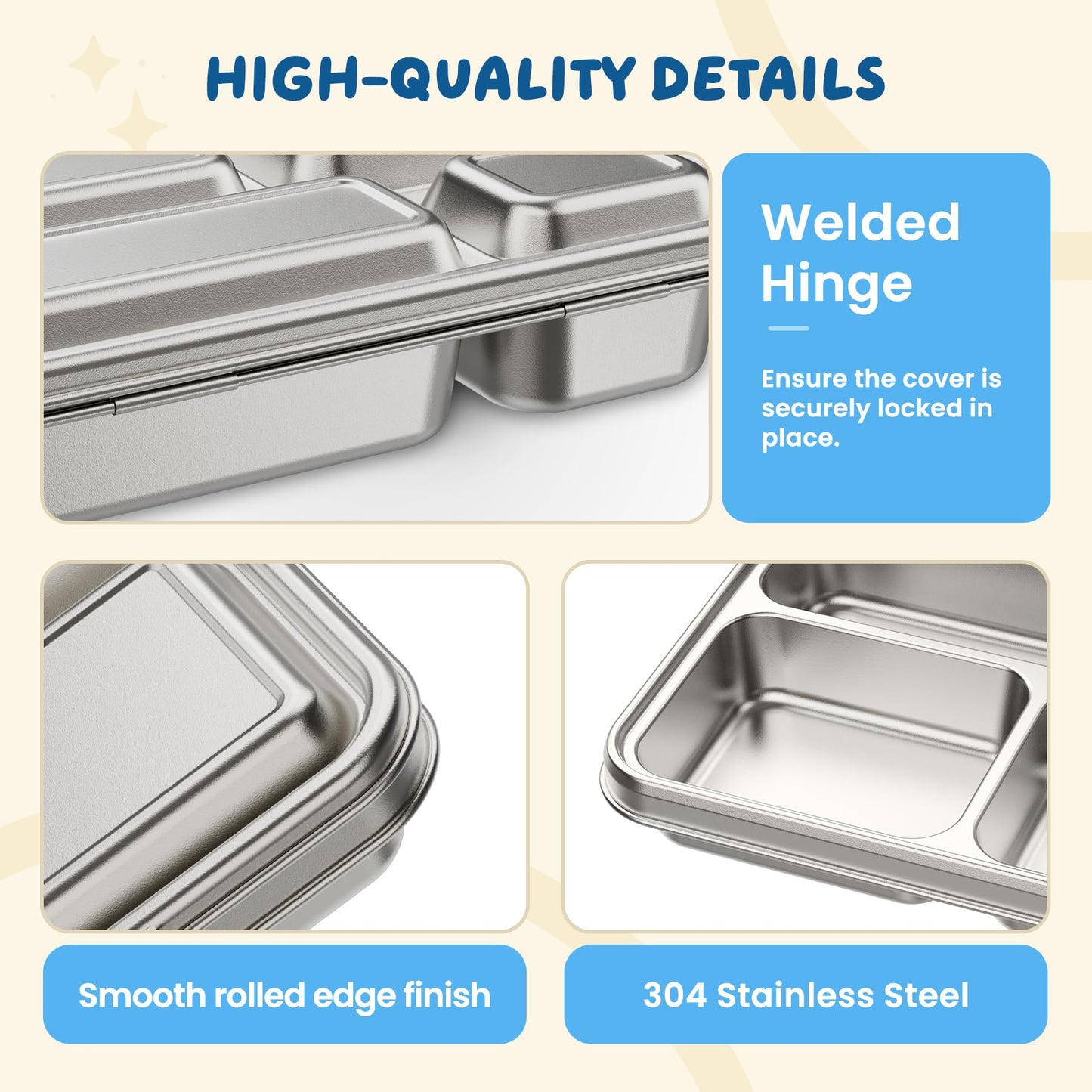 FAJSL Stainless Steel Bento Box, 4-Compartment Metal Lunch Box with Removable Silicone, Lunch Container for Kids & Adults with Silicone Inner Container, School, Office, Dishwasher Safe(Blue)
