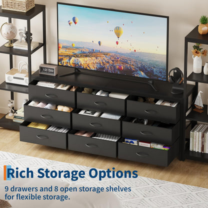 GarveeHome TV Stands Dresser with 9 Fabric Drawers, Large Entertainment Center with 2 Industrial 4-Tier Storage Shelves, Modern TV Console Cabinet for Living Room