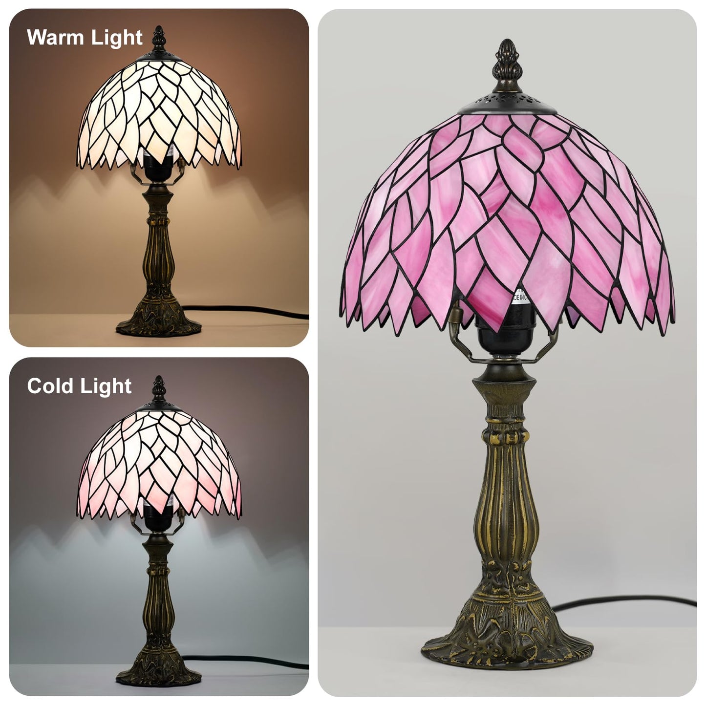 MOAN Small Lamp Stained Glass Table Lamp 8X14.5 Inch Bedside Reading Light Antique Light Desk Lamp(Pink Wisteria Style)
