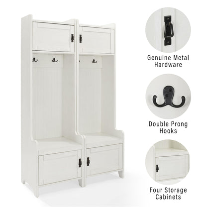 Crosley Furniture Fremont 2-Piece Hall Tree Entryway Set with Storage Cabinets and Coat Rack Hooks, Distressed White