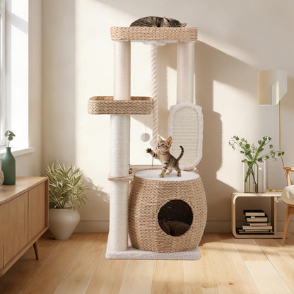EMUST Luxury Modern Cat Tree Tower 50IN - Heavy-Duty Multi-Level Cat Condo with Extra-Large Hand-Woven Rattan Bed & Thickened Scratching Post for Indoor Cats Large Adult