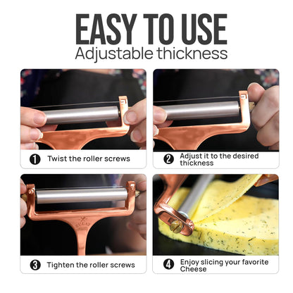 Zulay Adjustable Cheese Slicer - Wire Slicer For Mozzarella, Cheddar, Gouda - Heavy Duty With 2 Extra Wires (Copper)