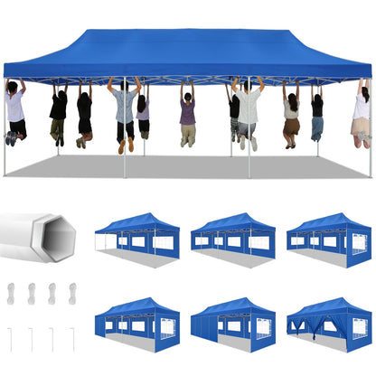 COBIZI 10x30 Heavy Duty Pop up Canopy Tent for Parties with 8 Sidewalls, Easy Setup Outdoor Commercial Gazebo for Wedding Event, Party Tent with Portable Bag & Sand Bags, Blue