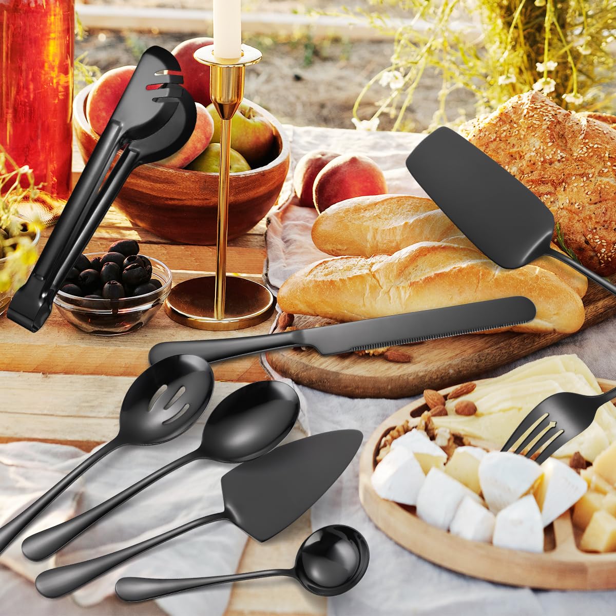 AARAINBOW Exquisite 8 Pieces Serving Utensils Set, Stainless Steel Serving Utensils Large Hostess Serving Set with Serving Spoons, Serving Tongs, Serving Fork, Cake Knife for Parties Buffet (8 Black)…