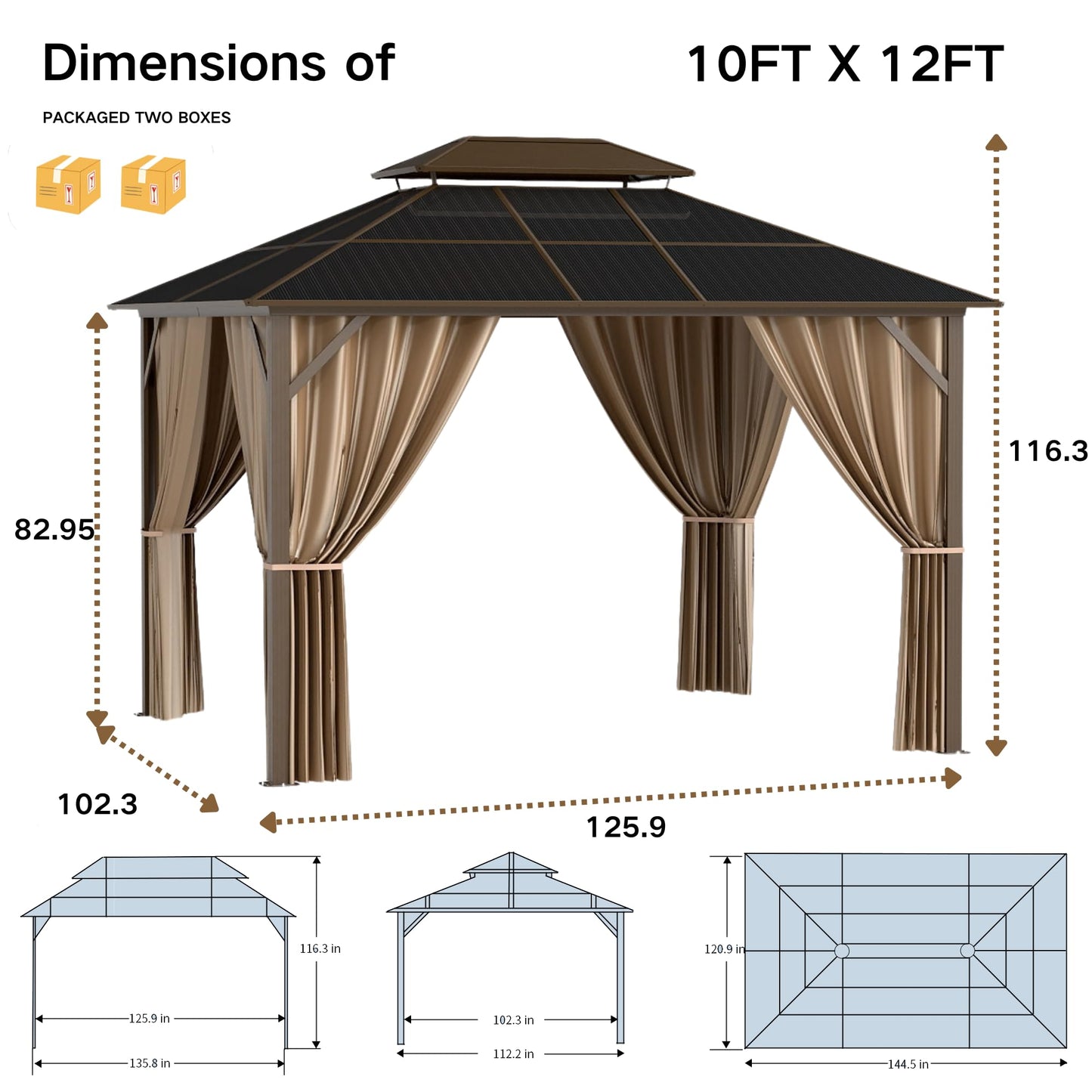 Patio Kingdom 10'x12' Hardtop Gazebo with Double Polycarbonate Roof, All Weather Aluminum Frame Outdoor Pavilion with Curtains and Netting, UV Protection for Patio, Lawn & Garden