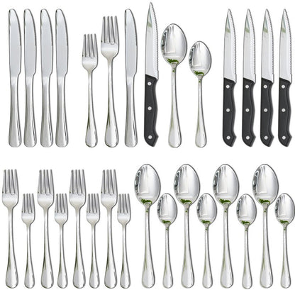 Astercook Silverware Set with Steak Knives 24-Piece Flatware Set for 4 Food-Grade Stainless Steel Cutlery Set Mirror Polished Utensils Set Include Spoons and Forks for Home Gifts for Women