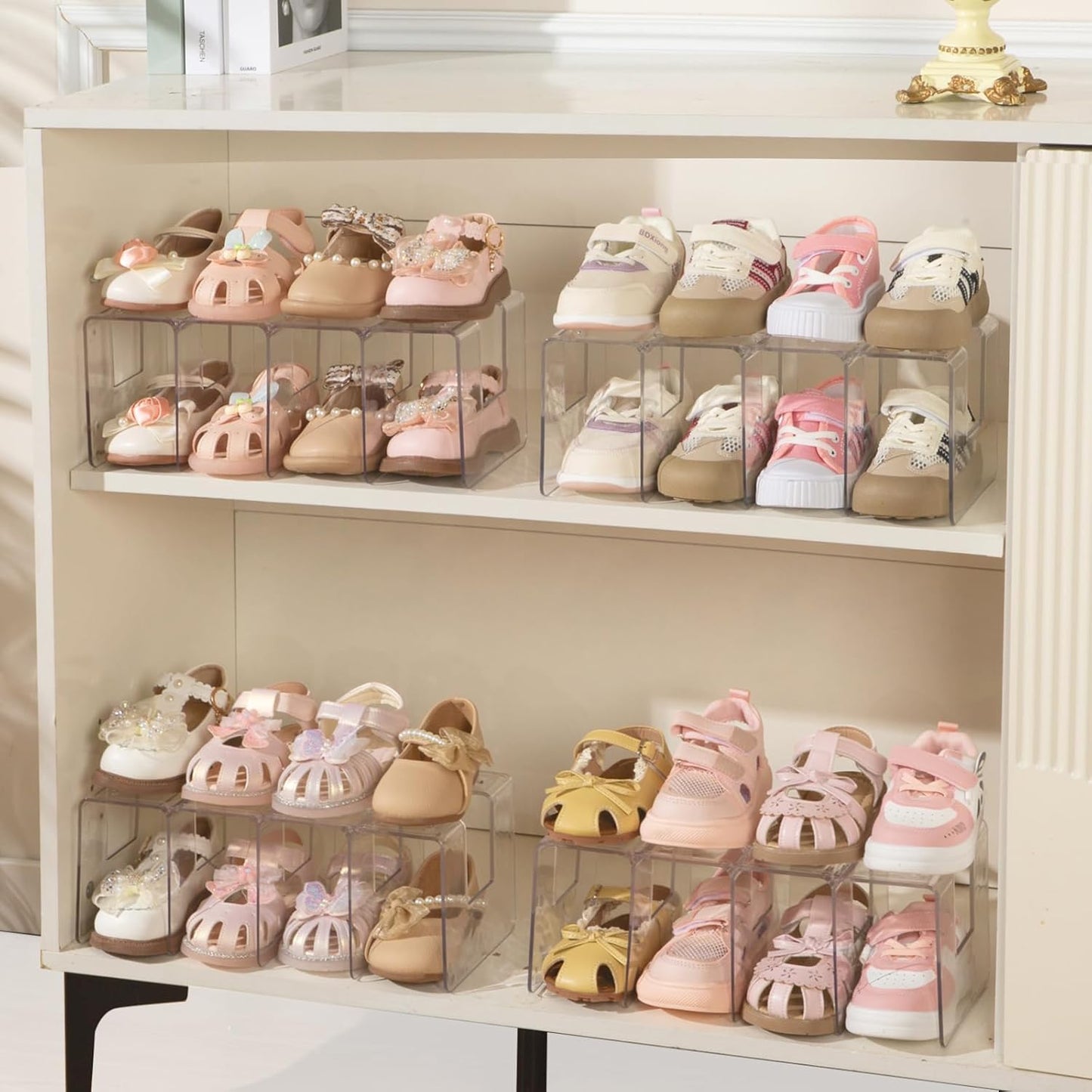 2PACK Closet 4 Clear Acrylic Kids Shoe Rack for Organizers and Storage, Small Clear Shoe Rack Sections Toddler Baby