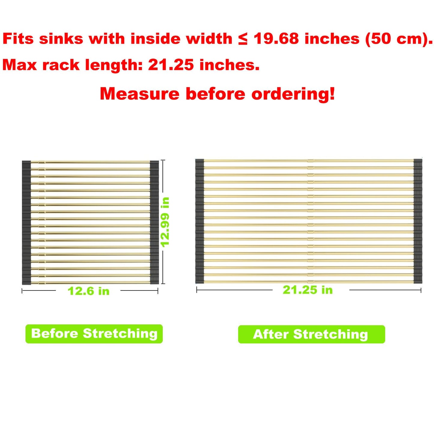 AXIMIXAME Expandable Large Draining Rack, Roll Up Heat-Resistant Dish Drainer for Stainless Steel Sinks, Collapsible Over The Sink Rack Non-Slip Silicone Rolling Up Rack Gold 18 Tube