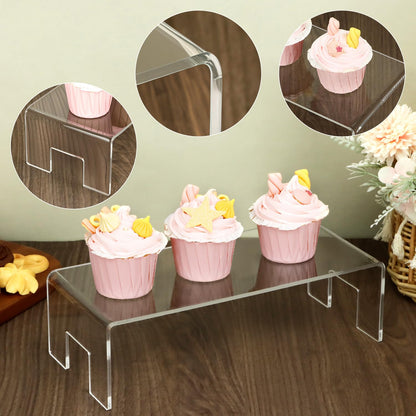 QWORK Clear Acrylic Display Risers Stand, 2 Pack 5mm Thick Transparent Showcase Shelves for Dessert Cupcakes Perfume Toys Cosmetics Jewelry Collectibles, 12x5x3.3 Inch Display Shelf