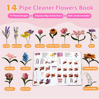 700 PCS Pipe Cleaner Flower Kit, Pipe Cleaners Craft Bulk 14 Colors Chenille Stems Flower Making Kit with 14 Flower Designs Guiding Book, Floral Stems & Craft Accessories for Art and Craft Supplies