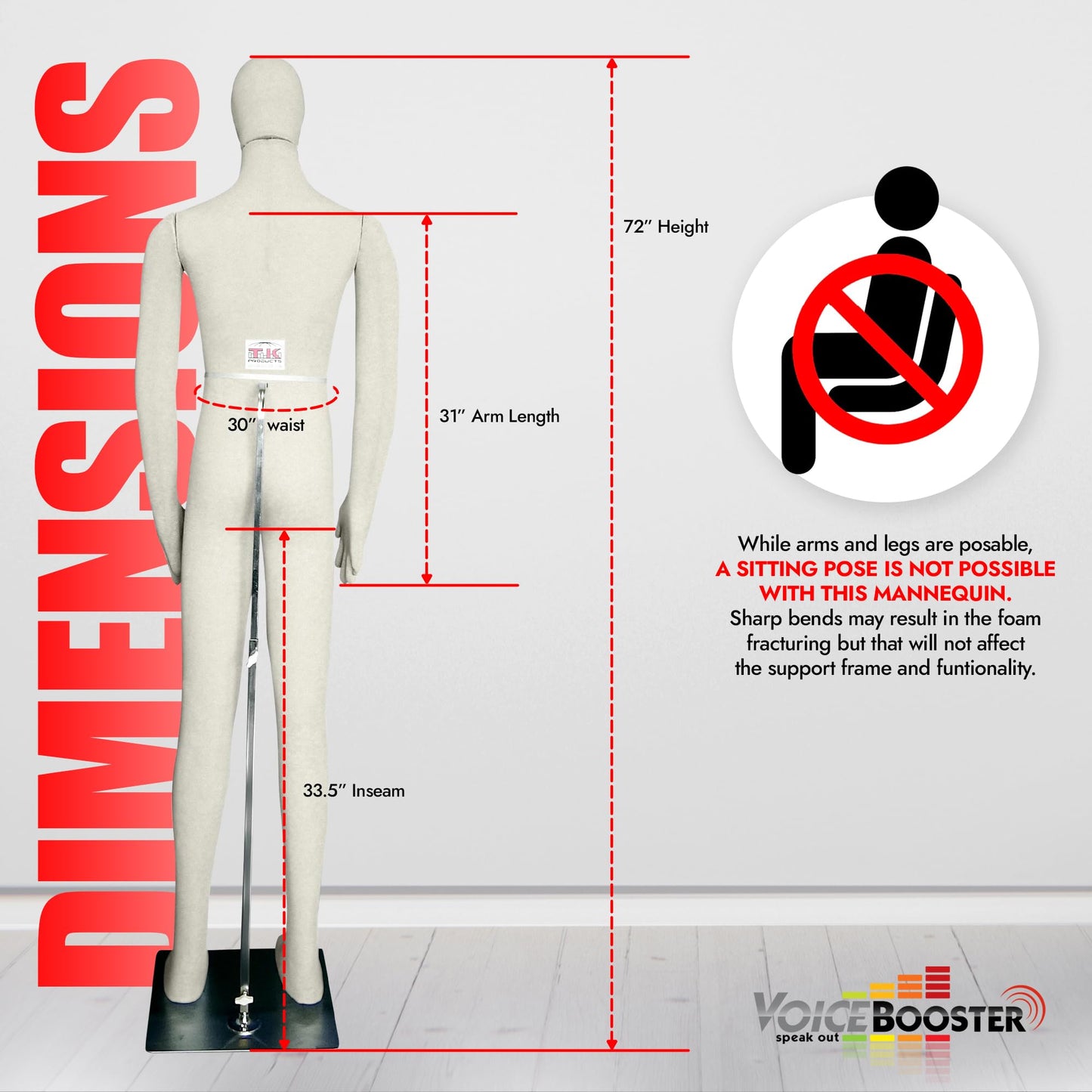 Full Body Male Mannequin by Voicebooster Speak Out - Flexible, Bendable, Poseable Standing Model with Adjustable Arms - Soft Foam Dress Form for Costumes, Clothing Display, Sewing - Beige/White