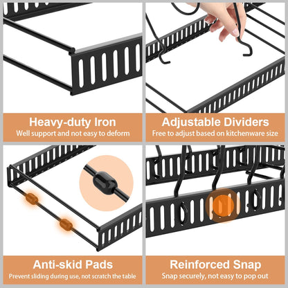Housolution 2 Pack Pot and Pan Organizer, 12"-23" Expandable Pot Lid Organizer with 14 Adjustable Dividers, Pan Lid Holder Storage Rack for Cabinet, Black