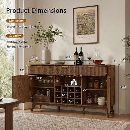 60" Wide Fluted Wine Bar Cabinet with 2 Side Cabinets, 3 Drawers, 4 Glass Holders & 12 Wine Racks, Modern Buffet Sideboard with Storage, 2 Door & 3 Drawer Buffet Sideboard for Kitchen, Dining Room