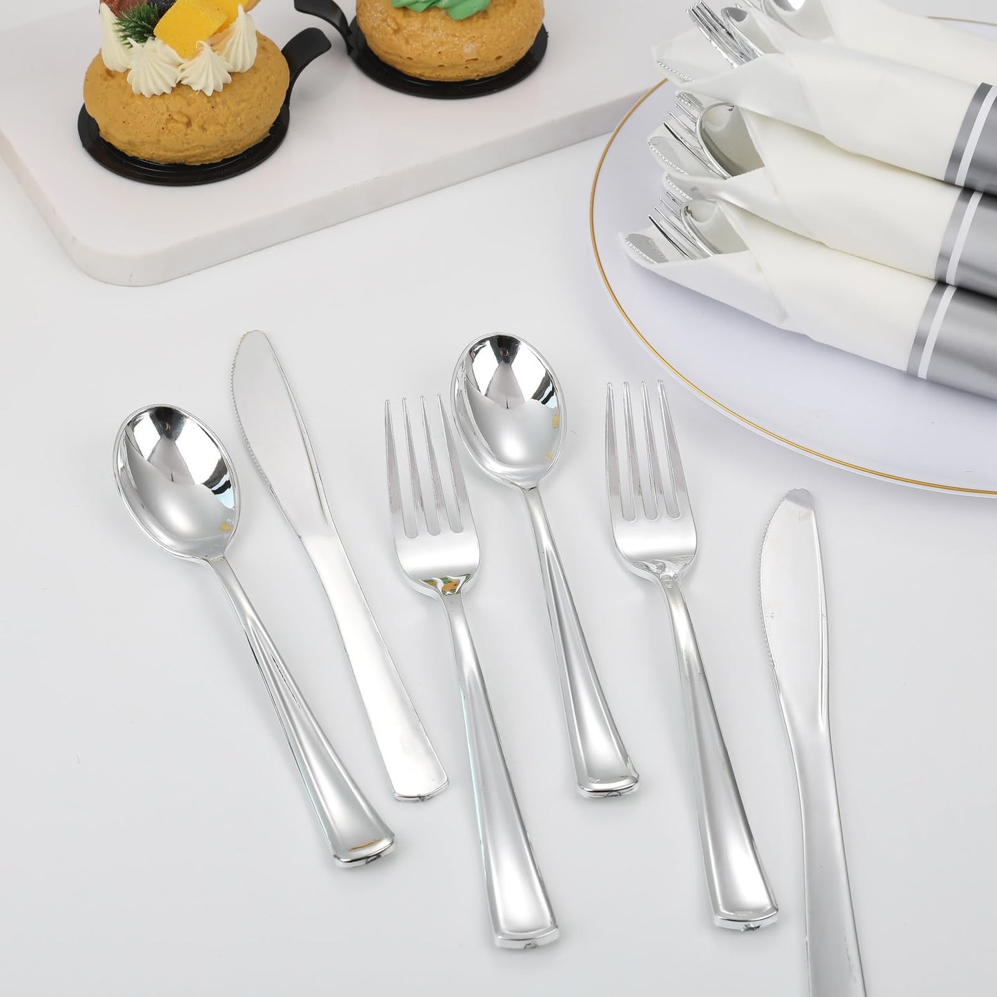Supernal 120pack Silver Plastic Silverware,Rolled Plastic Silverware,Pre Rolled Napkins with Cutlery Set,Wrapped Disposable Cutlery Set with Napkin Perfect for Mother's Day, Birthday, Wedding,Catering