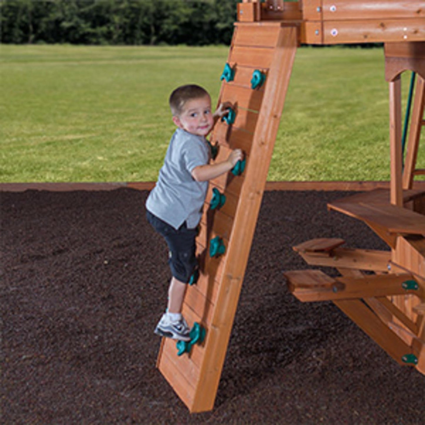 Backyard Discovery Woodland Cedar Wood Swing Set with Wave Slide, Clubhouse, Rock Wall, Snack Bar Station, Benches, Belt Swings, Trapeze, Half Door, Balcony, Step Ladder, Outdoor Playset