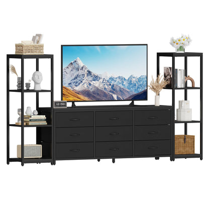 GarveeHome TV Stands Dresser with 9 Fabric Drawers, Large Entertainment Center with 2 Industrial 4-Tier Storage Shelves, Modern TV Console Cabinet for Living Room