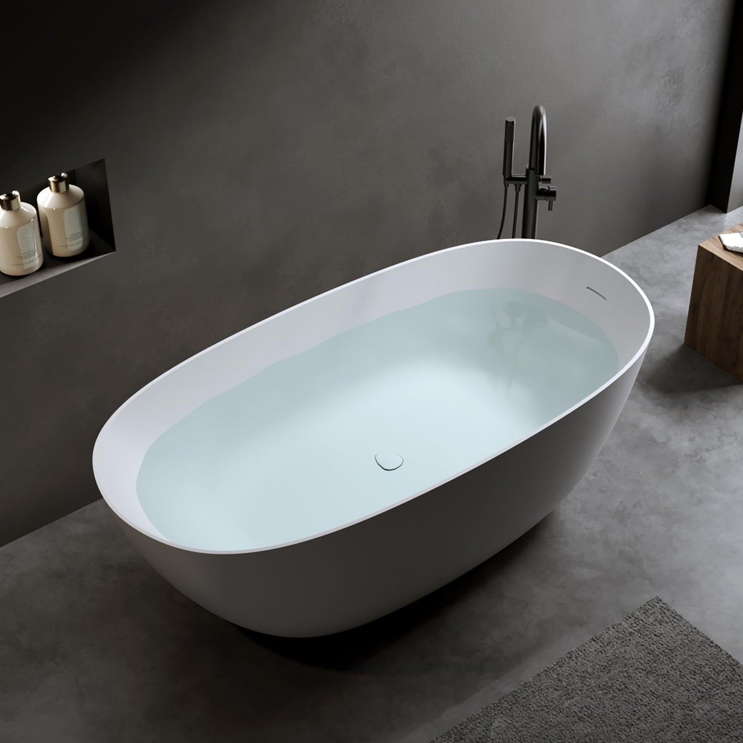 GDFStudio 69" Solid Surface Freestanding Bathtub, Matte White Stone Resin Soaking Tub with Overflow and Pop-Up Drain, Thick Edge Oval Stand Alone Deep Soaker Tub for Modern Bathroom Spa Relaxation
