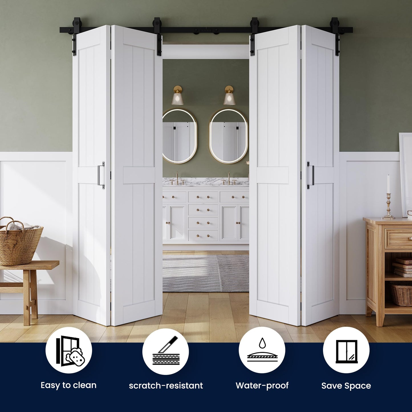 Bifold Barn Door 60" x 84", MDF Bi-Fold Sliding Closet Doors with Hardware Kit Included, Pre-Finished Easy Assembly, Water-Proof PVC Surface & Save Space, H-Frame, 68" Track for 4 Doors,White