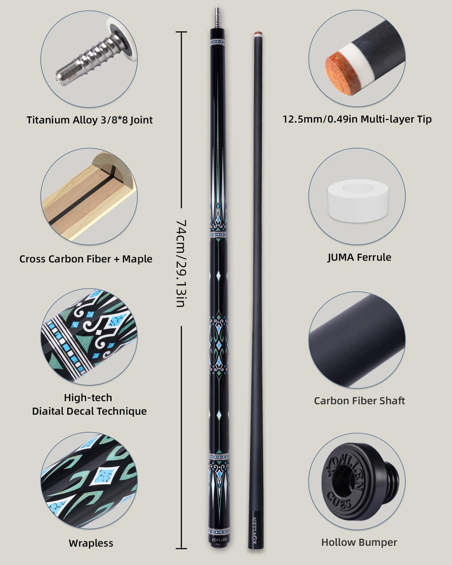 KONLLEN Carbon Fiber Pool Cue Stick 58-inch Professional Pool Sticks Set Low Deflection Pool Cue for Adults