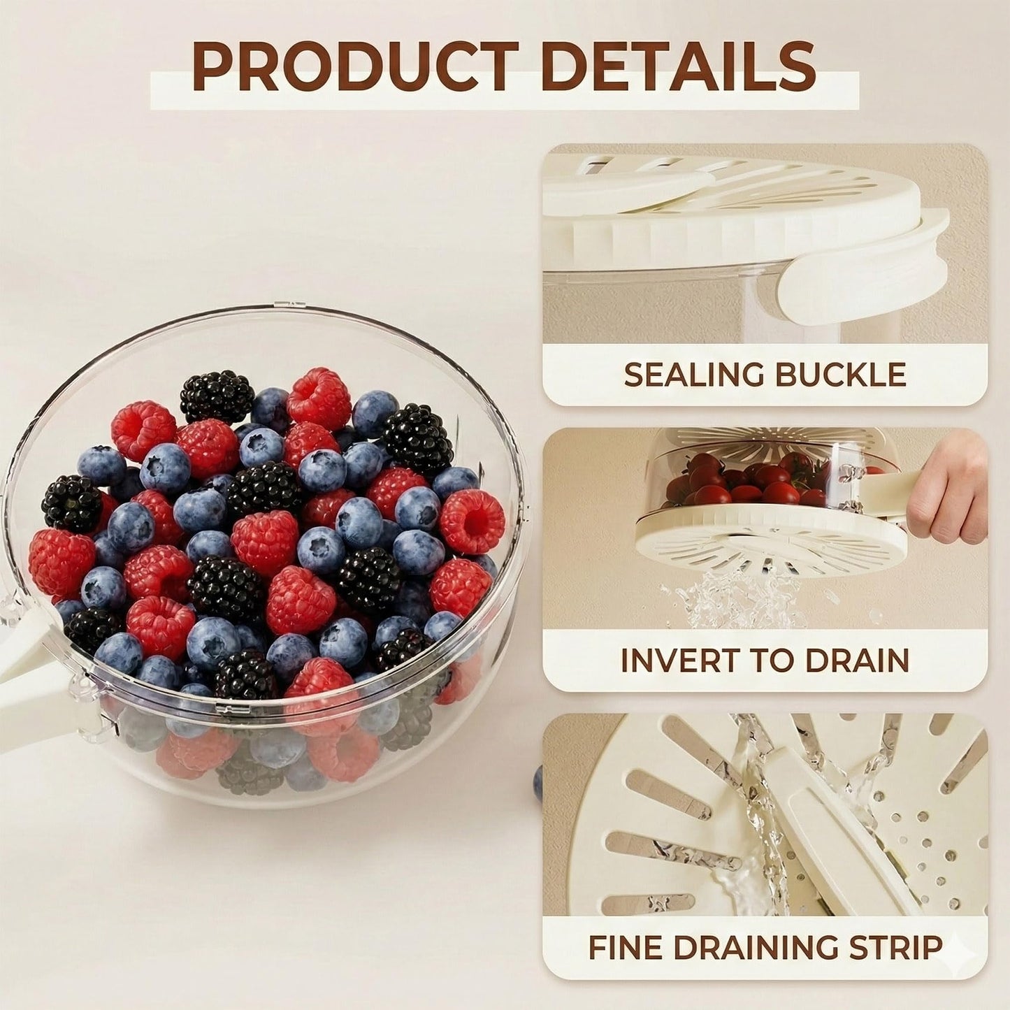 Kitchen Fruit Drainage Basket, Multifunctional Drainage Bowl, Fruit and Vegetable Washing Bowl with Lid, Kitchen Dual-Layer Draining Basket with Foldable Handle Portable 6.1" Fruit Strainer Brown