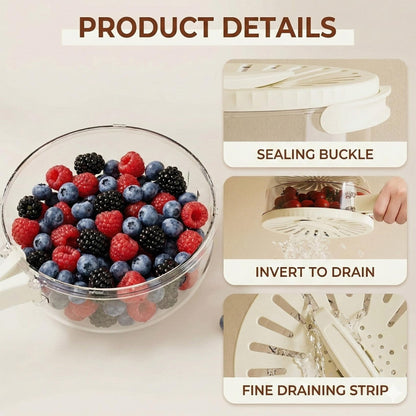 Kitchen Fruit Drainage Basket, Multifunctional Drainage Bowl, Fruit and Vegetable Washing Bowl with Lid, Kitchen Dual-Layer Draining Basket with Foldable Handle Portable 6.1" Fruit Strainer Brown