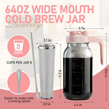 Cold Brew Coffee Maker with V-shaped Lid, 64oz Iced Coffee Maker with Stainless Steel Filter, BPA Free Pitcher