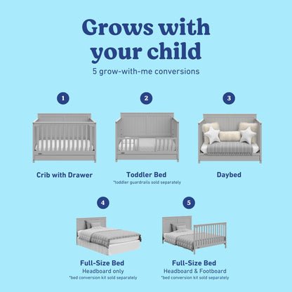 Graco Hadley 5-in-1 Convertible Crib with Drawer – GREENGUARD Gold Certified, Fits Standard Crib Mattress, Converts to Toddler Bed, Daybed and Full Bed, 4 Adjustable Mattress Heights (Pebble Gray)