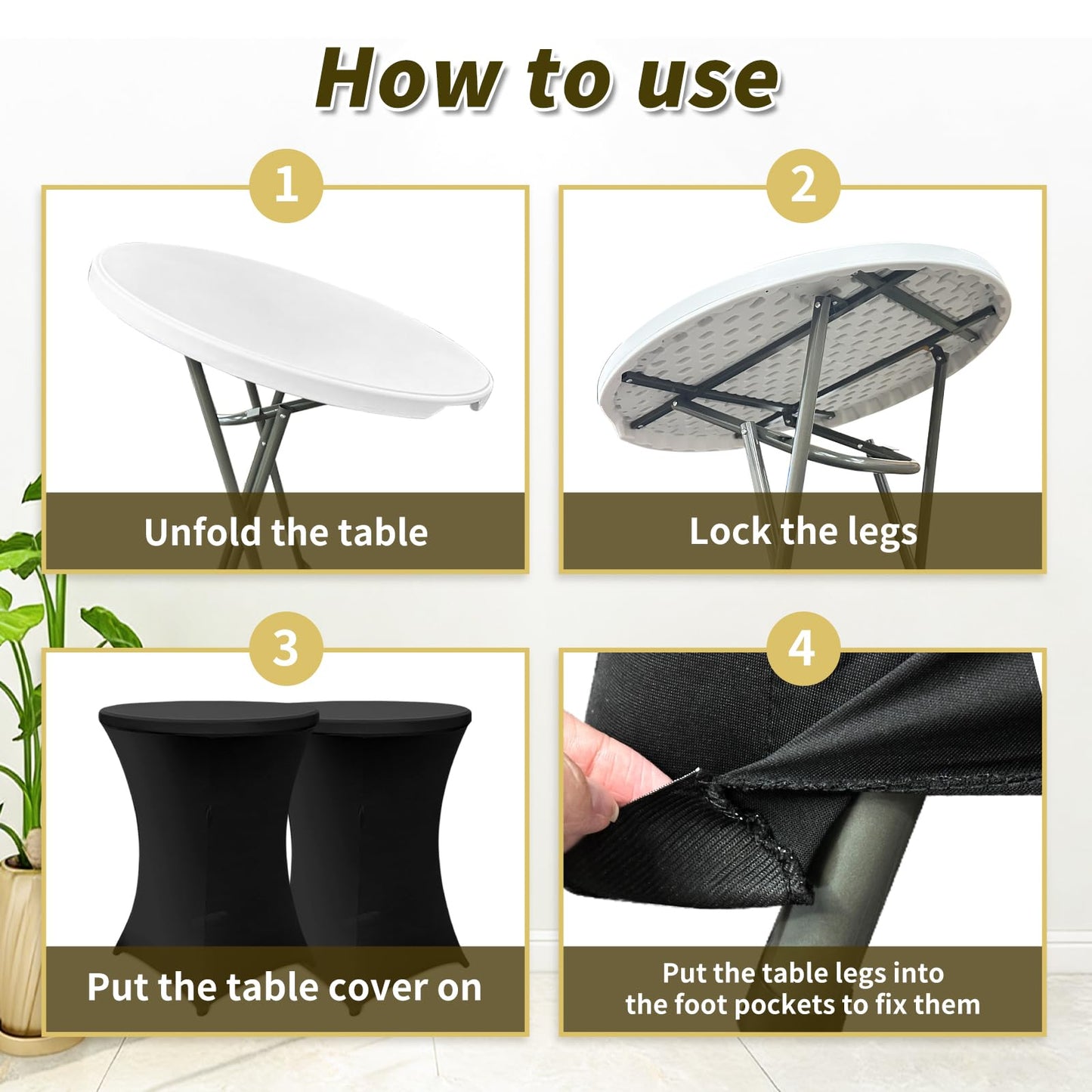 Sowhatsowoo 2 Sets 32" High Top Round Folding Cocktail Tables White Bar Height with Removable Legs & 32"x43" Spandex Stretch Black Table Covers Hightop Table for Outdoor Indoor Wedding Parties
