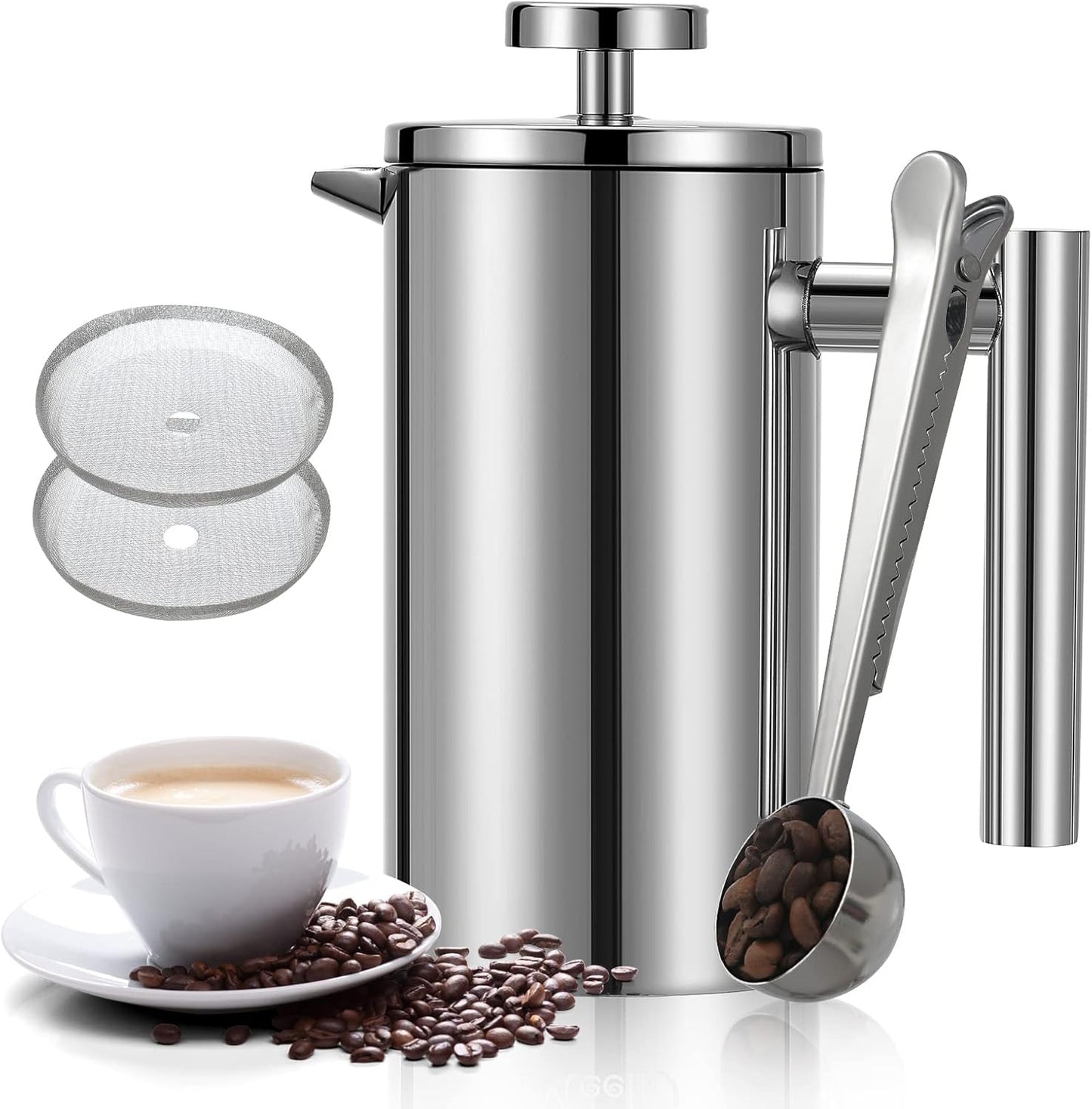 French Press Coffee Maker, 34oz Double-Wall Insulated Stainless Steel, 1L, Includes 2 Extra Screens and 1 Coffee Spoon