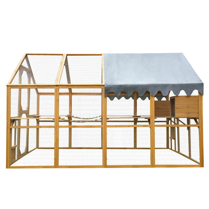 KEIKI 110" L Outdoor Large Chicken Coop with Waterproof Cover, Roosting Platform, Wire Mesh & 2 Lift Small Doors with Locks, Wood Chicken Coop House for Cat Kitten, Duck, Rabbit, Quail Playpen
