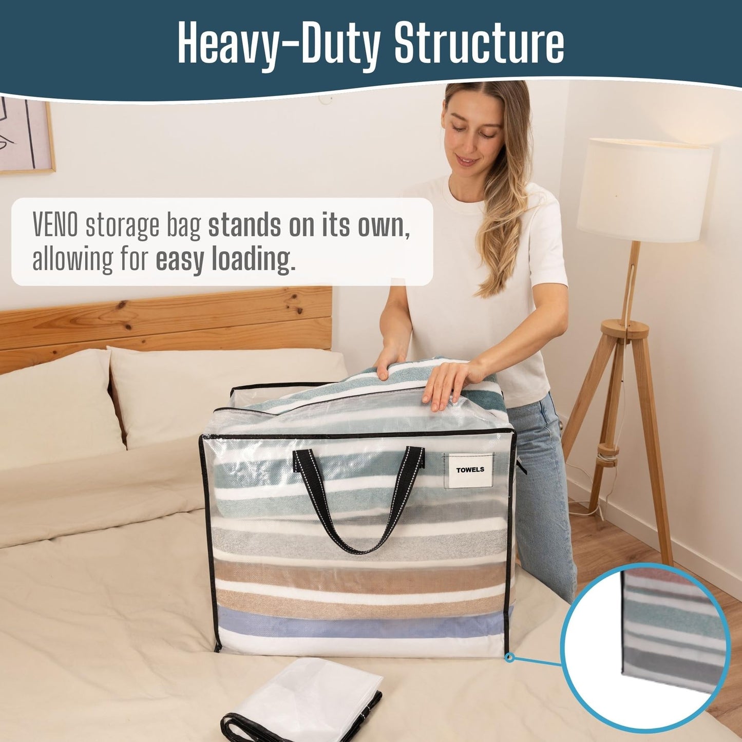VENO 4 Pack Heavy Duty Moving Bags, Storage Bags, Packing Supplies, Top Zipper, Storage Totes for Camping, Clothes, Bedding, Comforters, Pillows (22 Gallon Clear, 4 Pack)